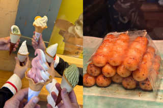 Group of people in a café raising assorted ice cream cones in a circle, colorful swirls and cones visible on left side; right side shows a plastic-wrapped stack of small round pastries.