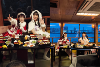 3 - SMILEYWALK Two women in Christmas costumes pose and wave at a table crowded with various dishes on a boat, with city lights in the background (left panel).